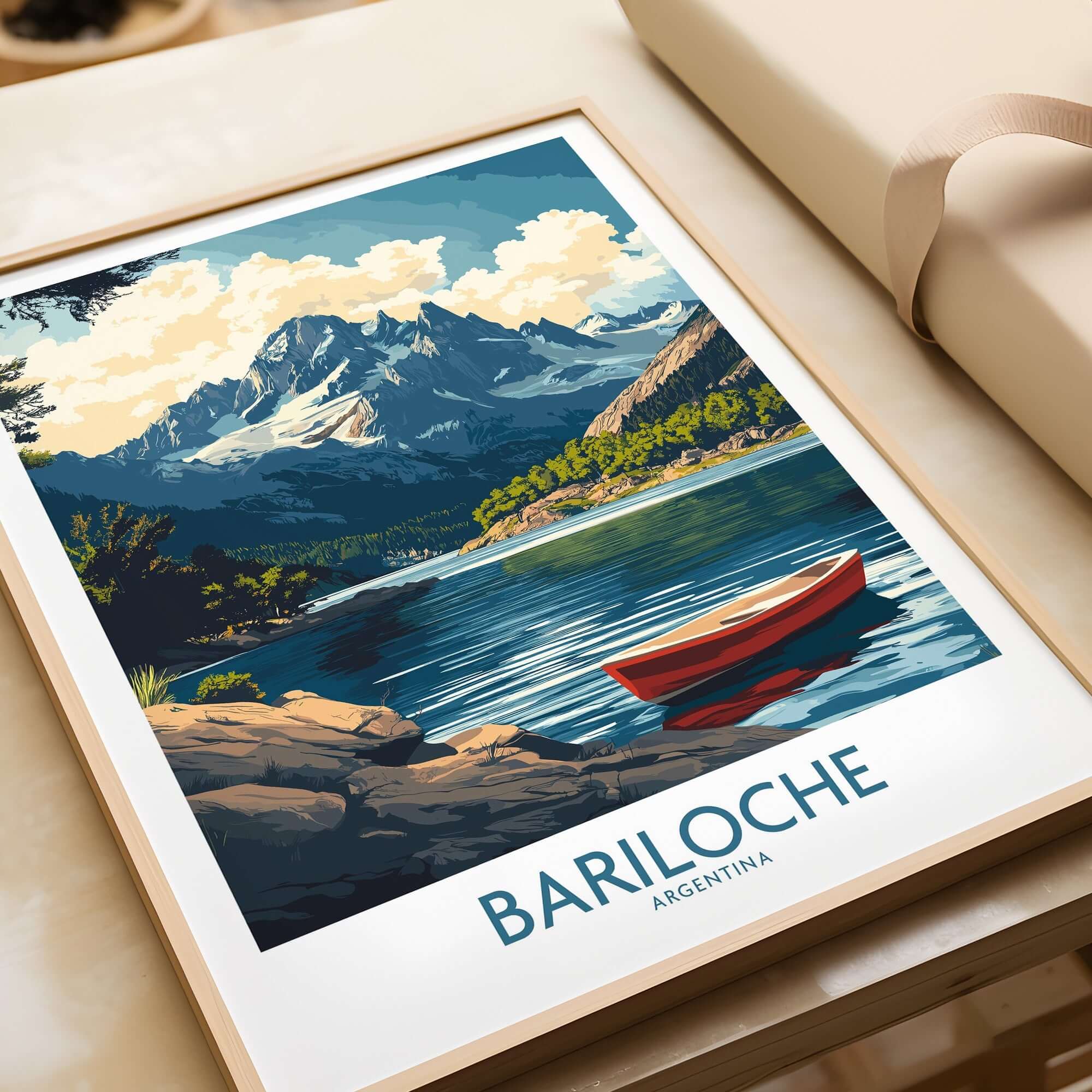 Bariloche Wall Art Print featuring a scenic landscape with mountains and a red boat on the water.