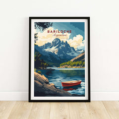 Bariloche Wall Art showcasing vibrant colors of mountains and lake with a red boat in Argentina.