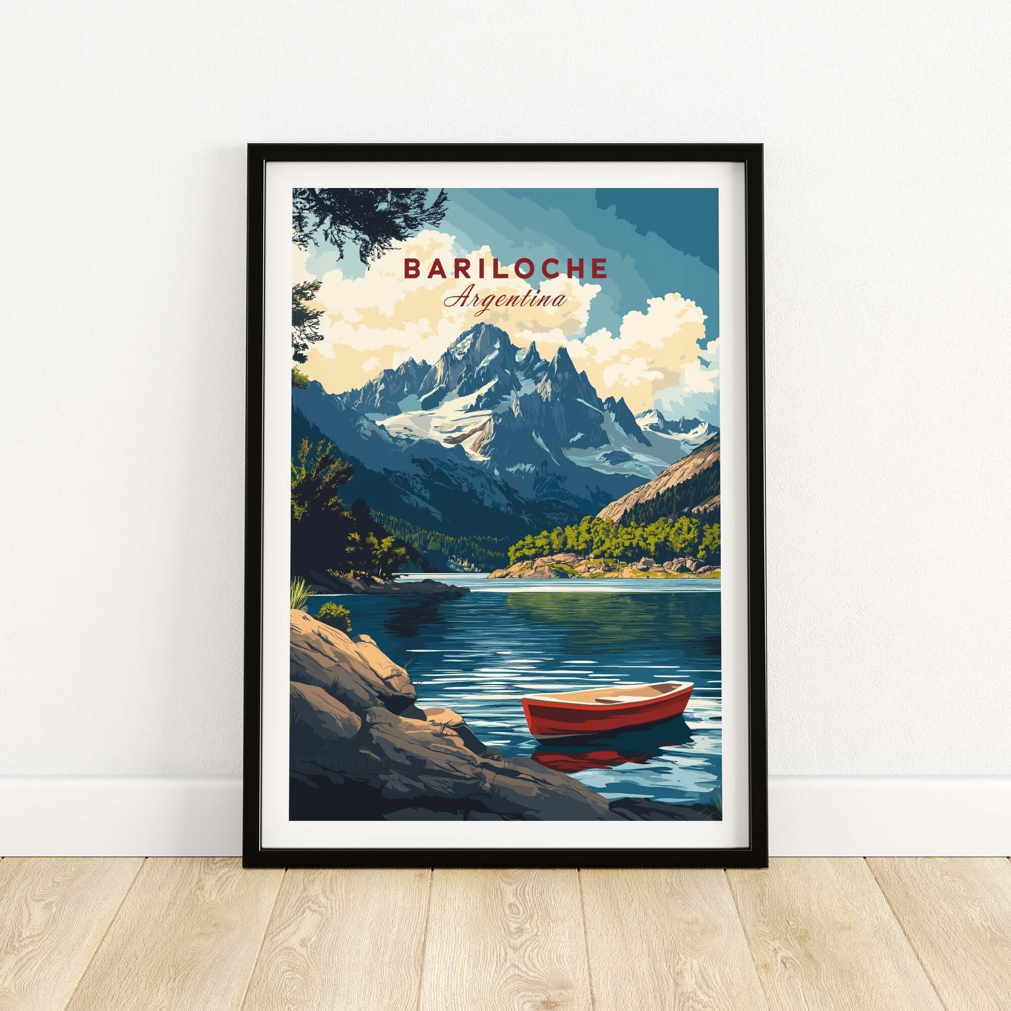 Bariloche Wall Art showcasing vibrant colors of mountains and lake with a red boat in Argentina.