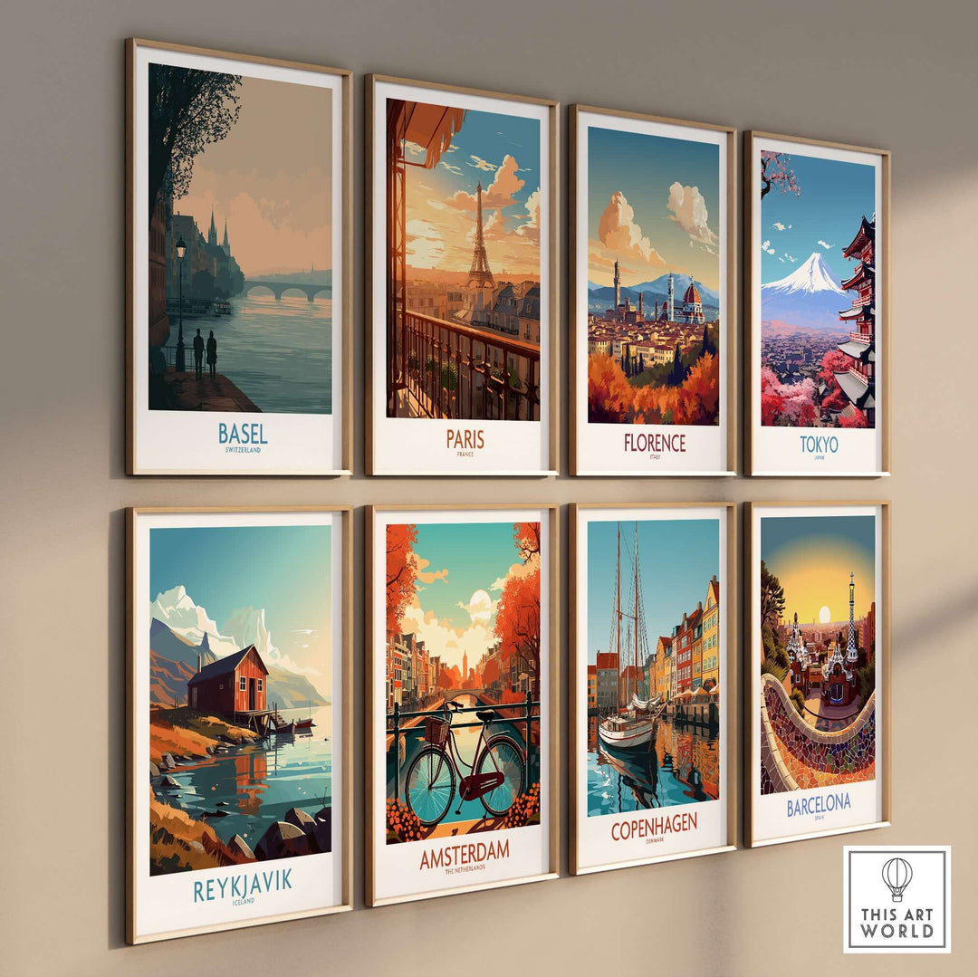 Gallery wall of framed city prints featuring Basel, Paris, Florence, Tokyo, Reykjavik, Amsterdam, Copenhagen, and Barcelona.