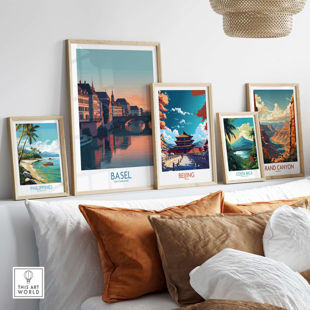 Basel bridge view poster with travel-themed art prints on display above a cozy couch.