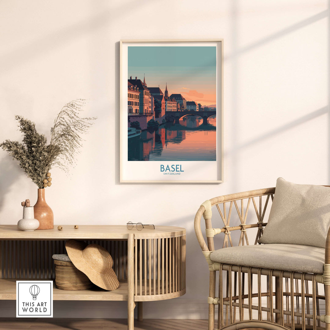 Basel Switzerland Bridge View Poster featuring historic architecture and serene river, ideal for travel decor.