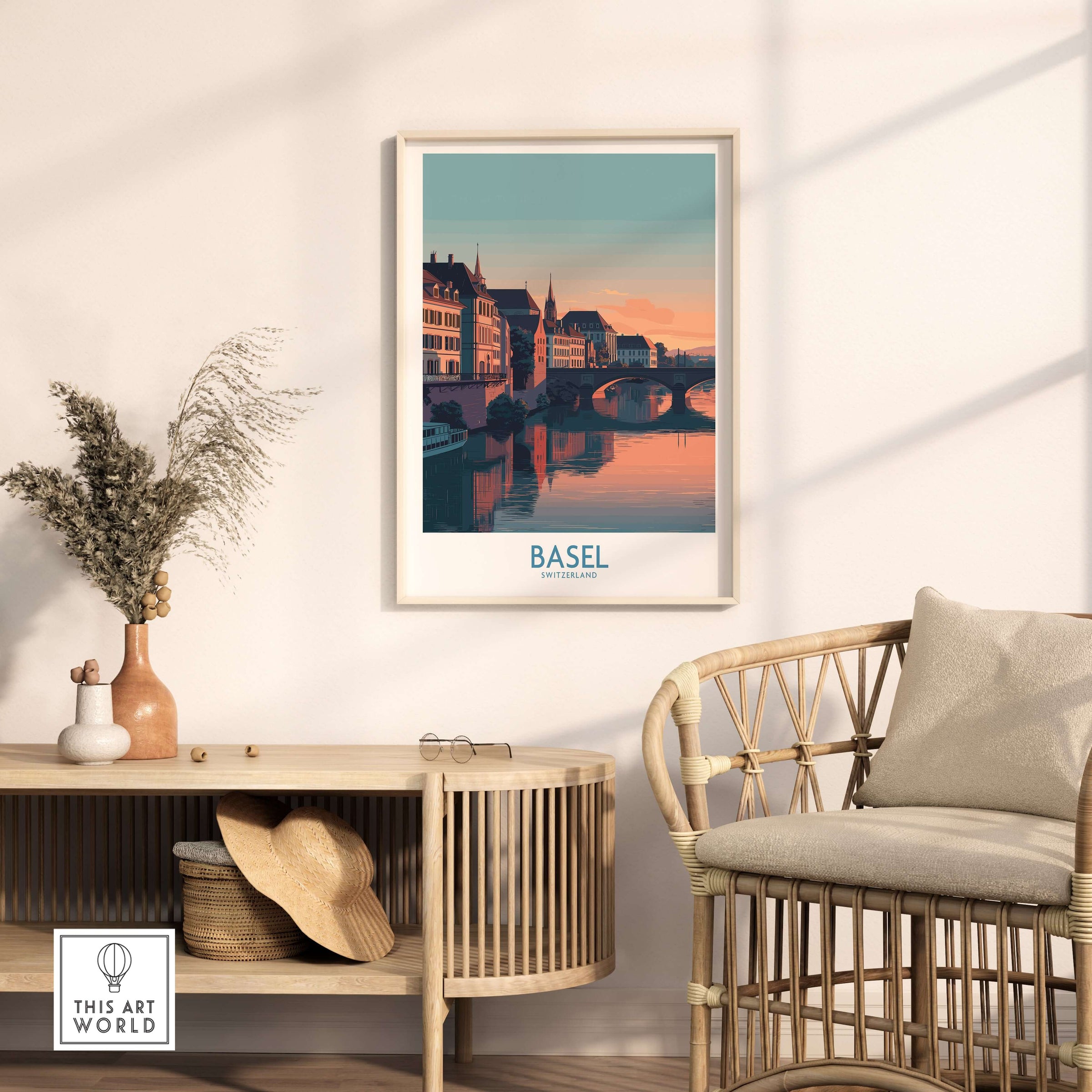 Basel Switzerland Bridge View Poster - Historic Architecture Travel Decor in a stylish living room setting.