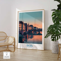 Basel Switzerland Bridge View Poster - Historic Architecture Travel Decor displayed in a cozy interior setting.