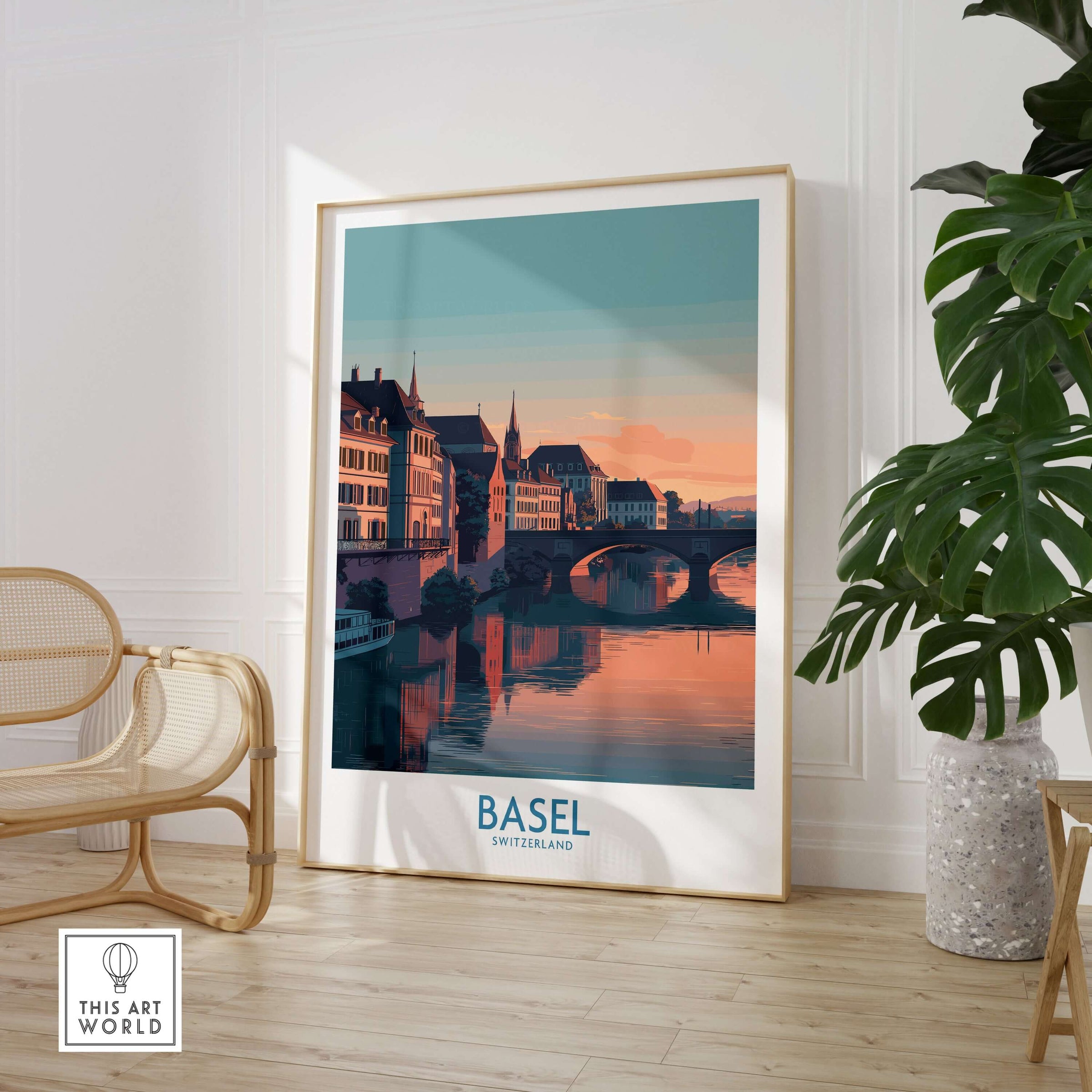 Basel Switzerland Bridge View Poster - Historic Architecture Travel Decor displayed in a cozy interior setting.