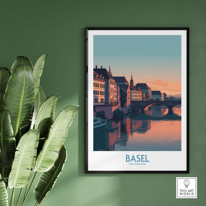 Basel Switzerland Bridge View Poster showcasing historic architecture and serene river reflection.