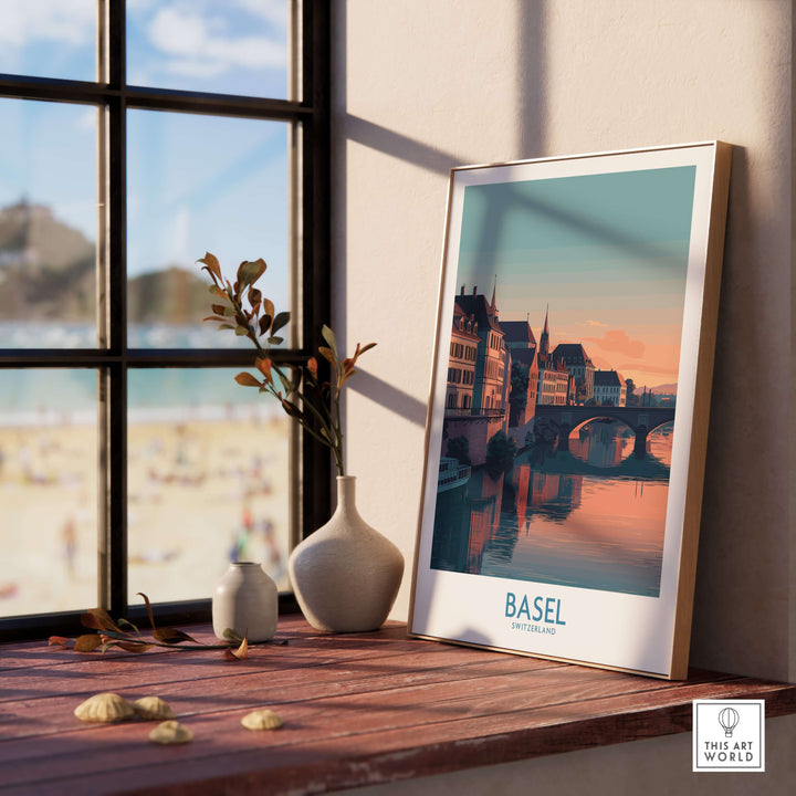 Basel Switzerland Bridge View Poster on window sill showcasing historic architecture and scenic beauty.