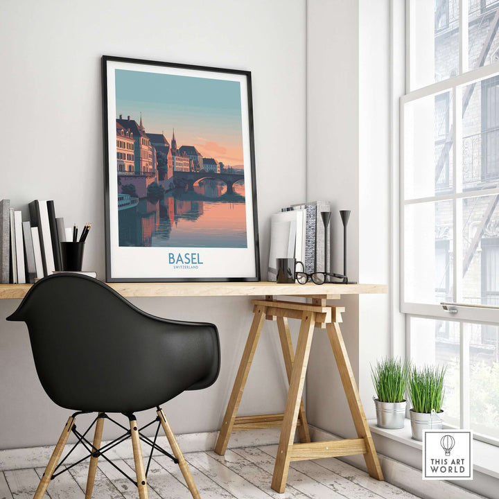 Basel Switzerland Bridge View Poster displayed in a modern workspace, highlighting historic architecture and serene scenery.