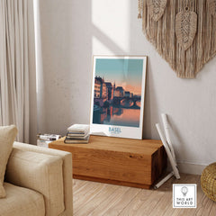 Basel Switzerland Bridge View Poster - Historic Architecture Travel Decor displayed in a stylish living room setting.