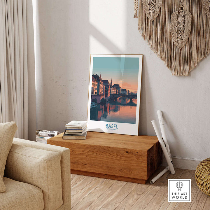 Basel Switzerland bridge view poster displayed in a stylish living room, showcasing historic architecture and scenic beauty.