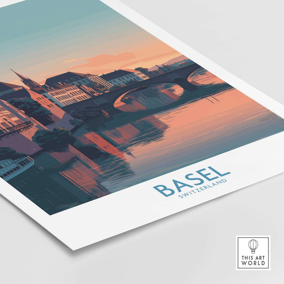 Basel Switzerland bridge view poster featuring historic architecture and serene river reflection.