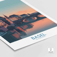 Basel Switzerland Bridge View Poster - Historic Architecture Travel Decor showcasing the picturesque cityscape and river reflection.