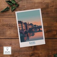 Basel Switzerland Bridge View Poster - Historic Architecture Travel Decor displayed on wooden surface.