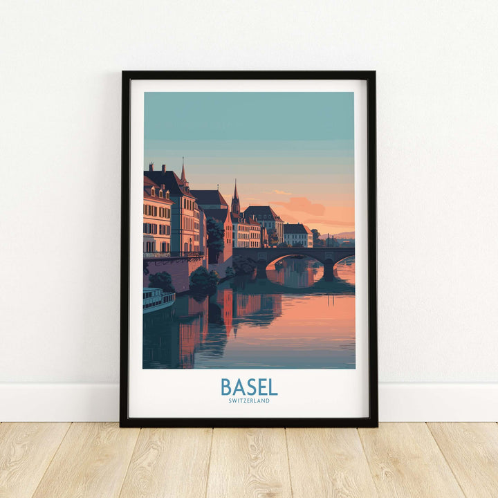 Basel Switzerland bridge view poster featuring historic architecture and serene river reflections.