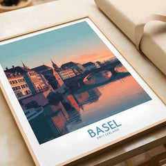 Basel Switzerland Bridge View Poster - Historic Architecture Travel Decor showcasing the scenic beauty of Basel.