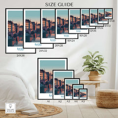 Basel Switzerland Bridge View Poster - Historic Architecture Travel Decor Size Guide showing various frame sizes.