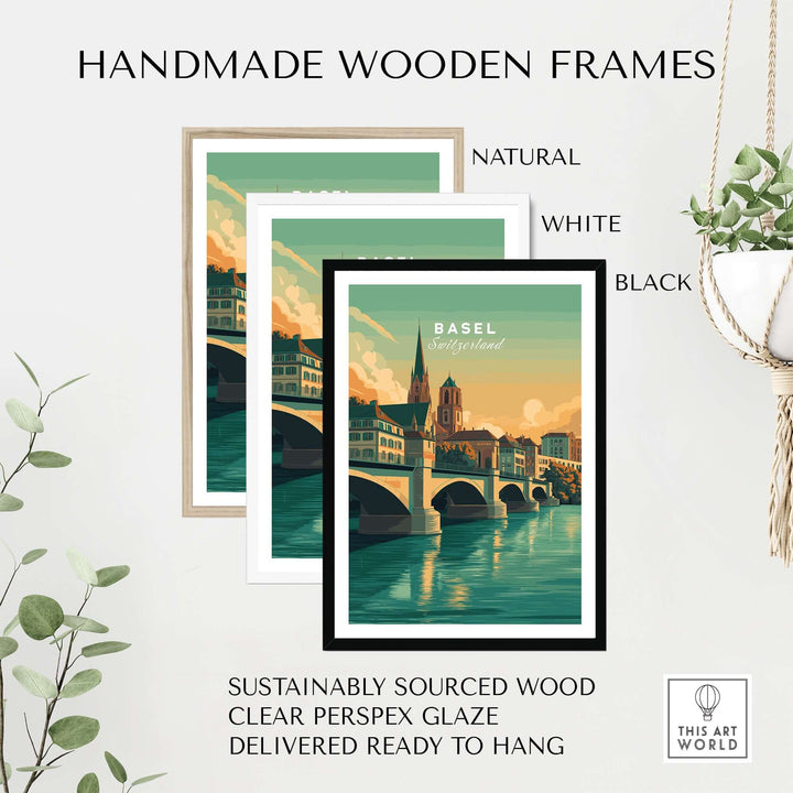 Three handmade wooden frames in natural, white, and black for Basel art print, featuring sustainably sourced wood.