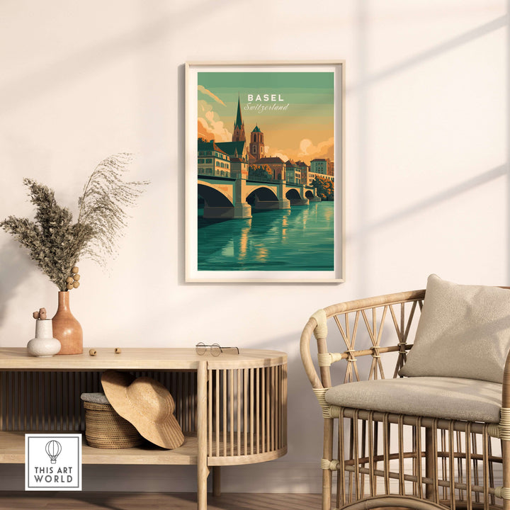 Basel Cathedral and bridge art print displayed in a cozy room, capturing the charm of the city.