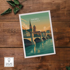 Basel Switzerland Cathedral & Bridge Art Print - Iconic City Landmark Poster on wooden background.