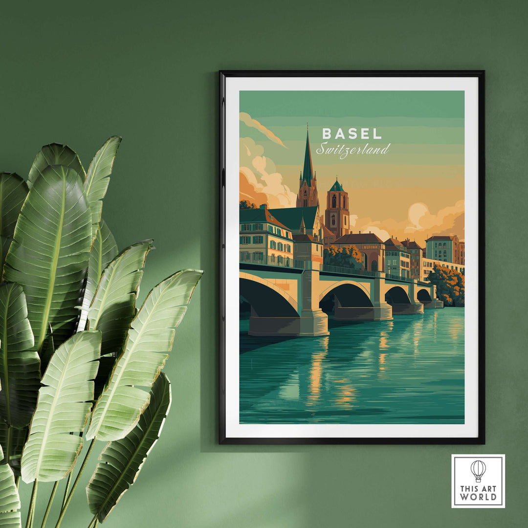 Basel Switzerland Cathedral and Bridge art print on a green wall, showcasing an iconic city landmark poster.