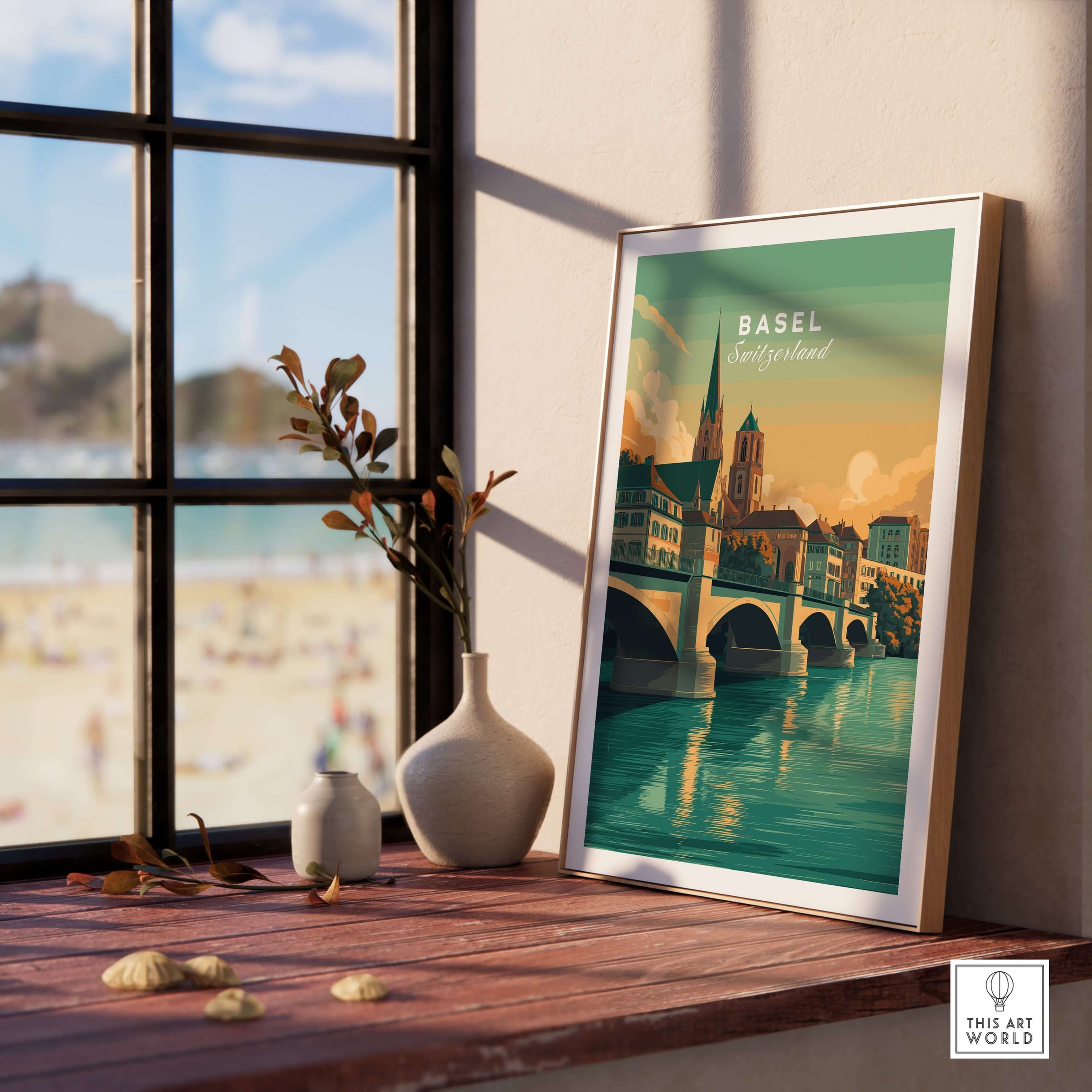 Basel Switzerland Cathedral & Bridge Art Print - Iconic City Landmark Poster displayed in a sunlit room.