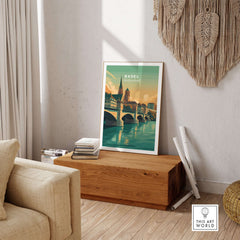 Basel Switzerland Cathedral & Bridge Art Print - Iconic City Landmark Poster displayed in a stylish living room setting.