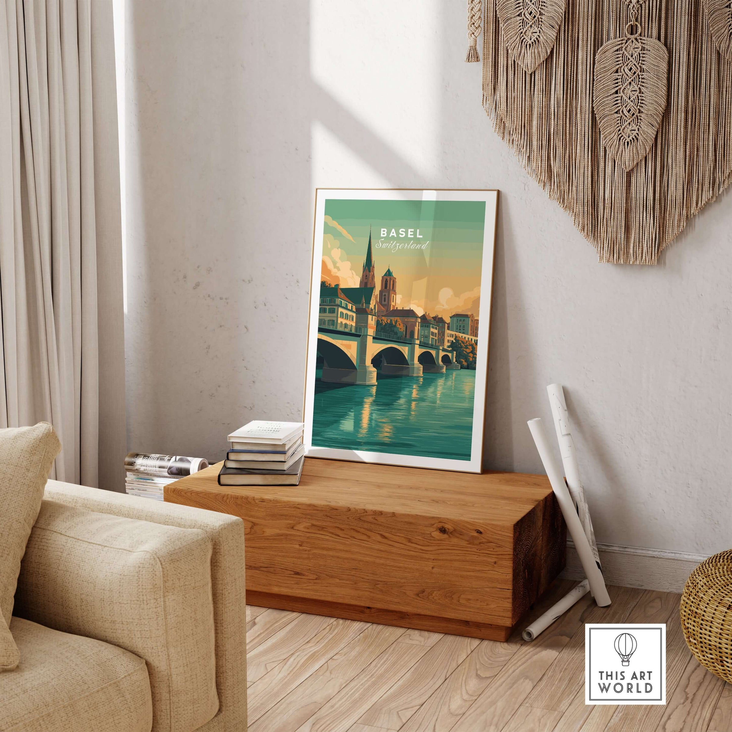 Basel Switzerland Cathedral & Bridge Art Print - Iconic City Landmark Poster displayed in a stylish living room setting.