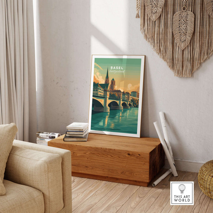 Basel Switzerland cathedral and bridge art print displayed in a modern living room setting.