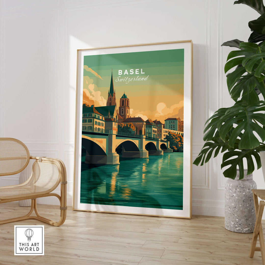 Basel Switzerland cathedral and bridge art print framed in a stylish room, showcasing European architectural elegance.