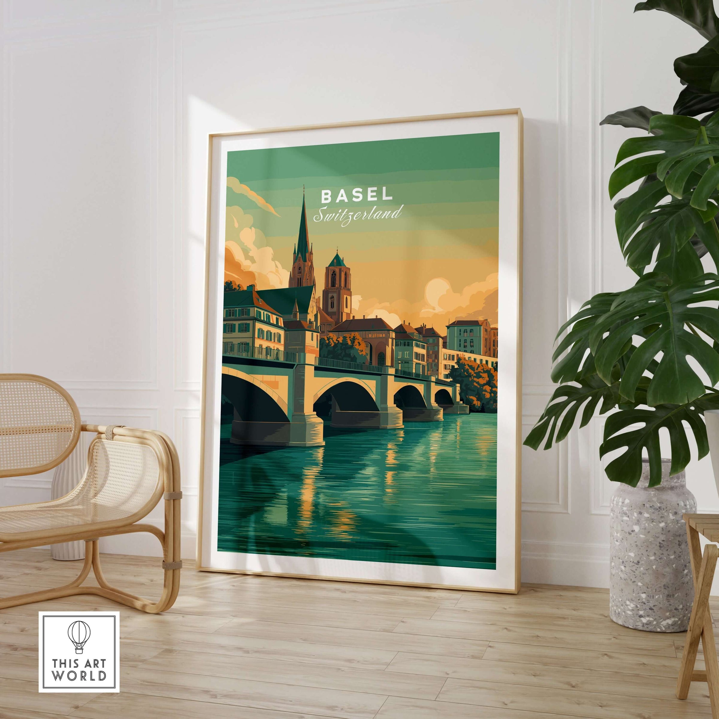Basel Switzerland Cathedral & Bridge Art Print - Iconic City Landmark Poster showcased in a stylish interior setting.