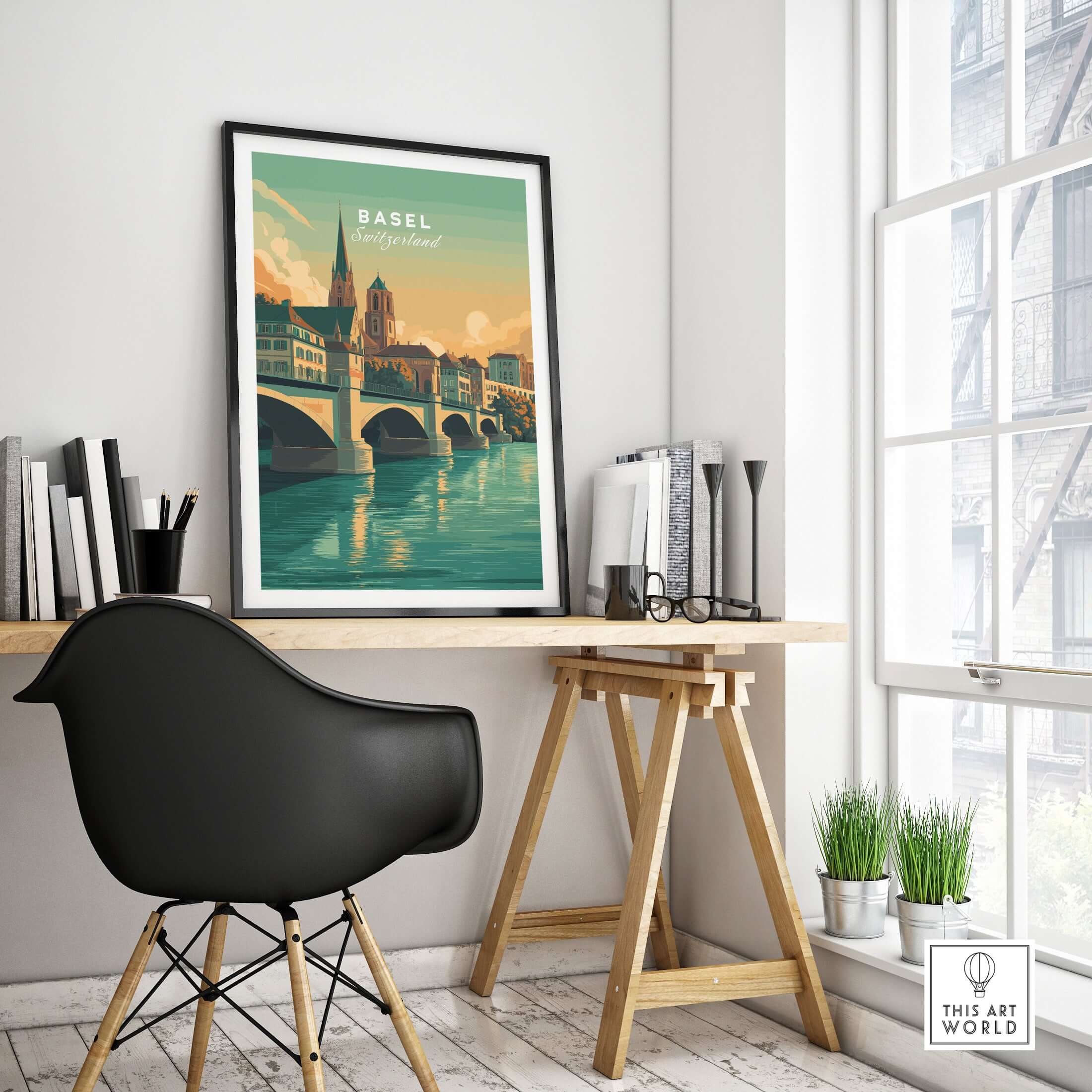 Basel Switzerland Cathedral & Bridge Art Print - Iconic City Landmark Poster displayed in a stylish home office.