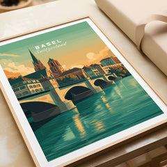 Basel Switzerland Cathedral & Bridge Art Print - Iconic City Landmark Poster displayed in a frame on a table.