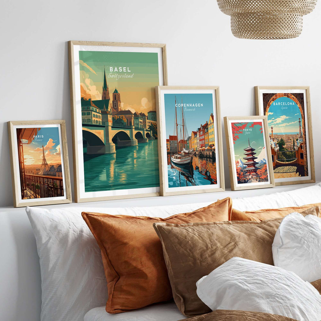 Basel Switzerland Cathedral and Bridge art print among other city posters in a stylish living room setting.