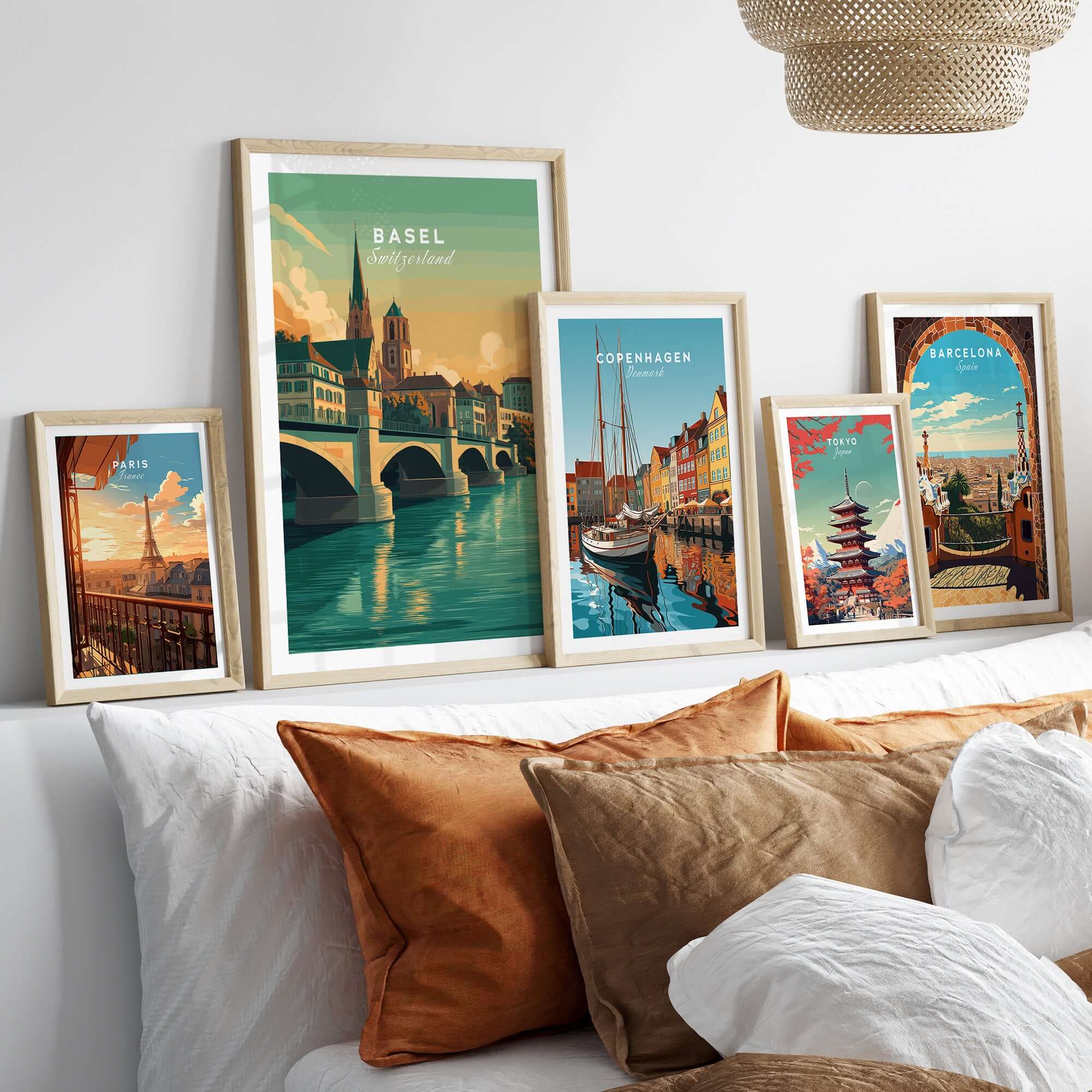 Basel Switzerland Cathedral & Bridge Art Print - Iconic City Landmark Poster displayed in a stylish living room setting.
