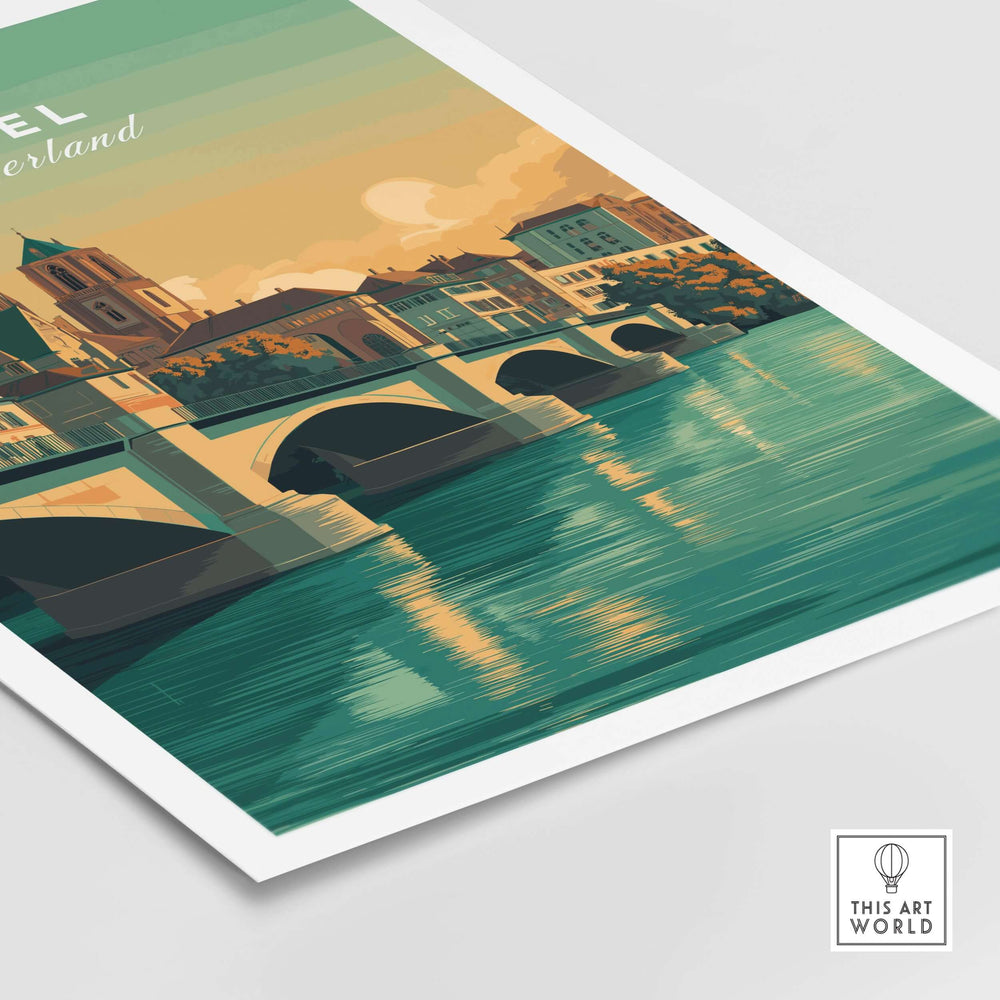 Basel Switzerland Cathedral and bridge art print showcasing architectural beauty and serene river reflection.