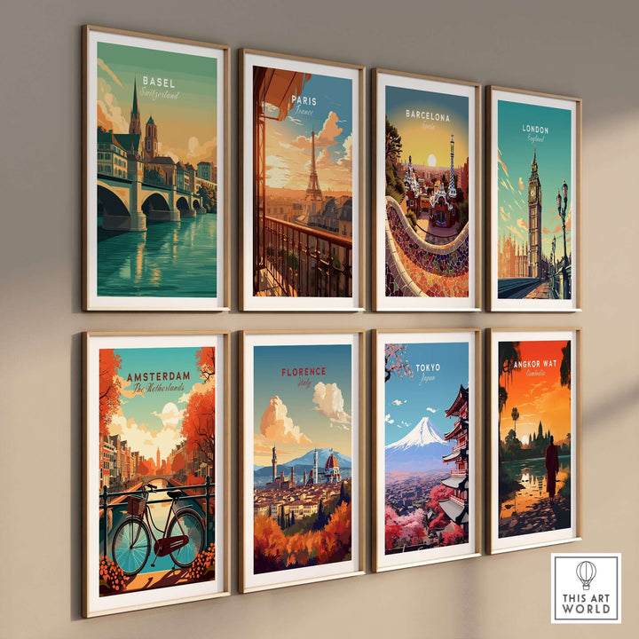 Colorful city landmark art prints including Basel, Paris, Barcelona, London, Amsterdam, Florence, Tokyo, and Angkor Wat.