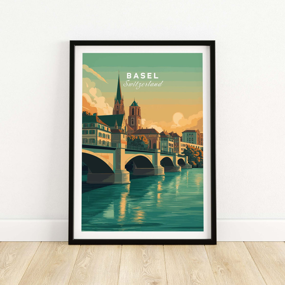Basel Switzerland cathedral and bridge art print, showcasing iconic city landmarks and architectural beauty.