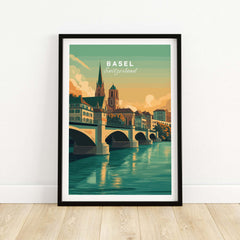 Basel Switzerland Cathedral & Bridge Art Print - Iconic City Landmark Poster framed art print showcasing the scenic view of Basel.