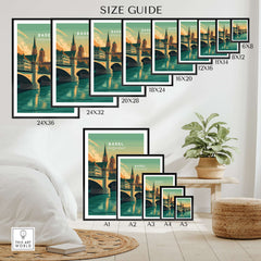 Basel Switzerland Cathedral & Bridge Art Print - Iconic City Landmark Poster size guide with various frame sizes.
