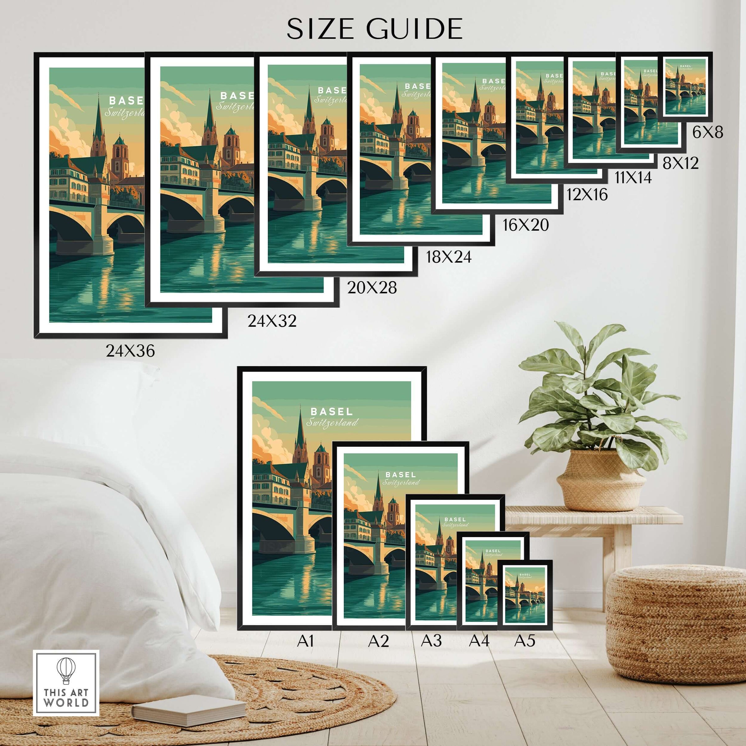 Basel Switzerland Cathedral & Bridge Art Print - Iconic City Landmark Poster size guide with various frame sizes.