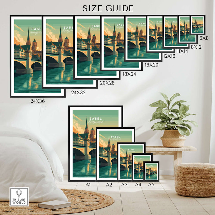 Size guide for Basel Switzerland Cathedral & Bridge art prints showcasing various dimensions.
