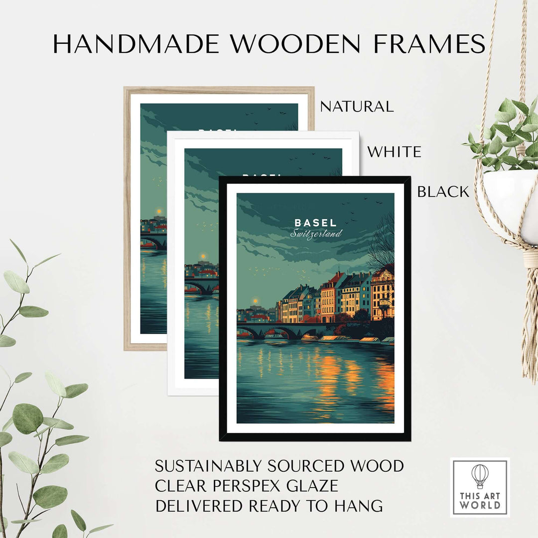 Handmade wooden frames in natural, white, and black styles for Basel Switzerland night sky print.