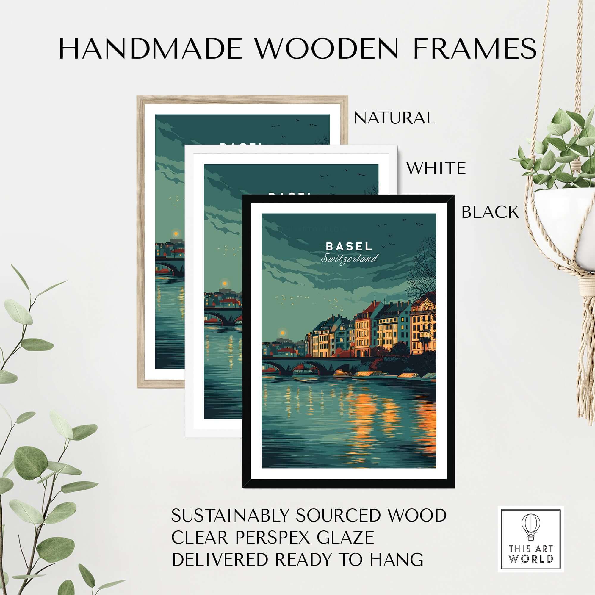 Handmade wooden frames in natural, white, and black for Basel Switzerland Night Sky Riverside Print - Swiss Cityscape Wall Art.