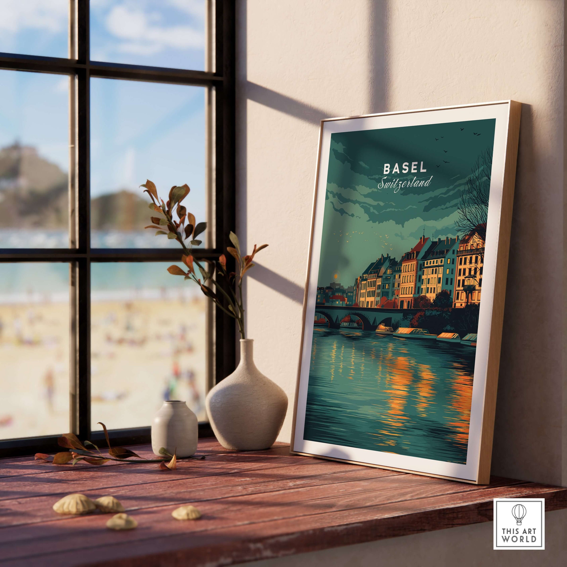 Basel Switzerland Night Sky Riverside Print - Swiss Cityscape Wall Art displayed in a cozy interior setting.