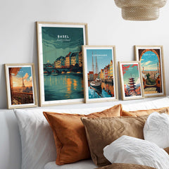 Basel Switzerland Night Sky Riverside Print - Swiss Cityscape Wall Art displayed among other cityscape prints in a stylish interior.