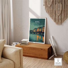 Basel Switzerland Night Sky Riverside Print - Swiss Cityscape Wall Art displayed in a cozy living room.