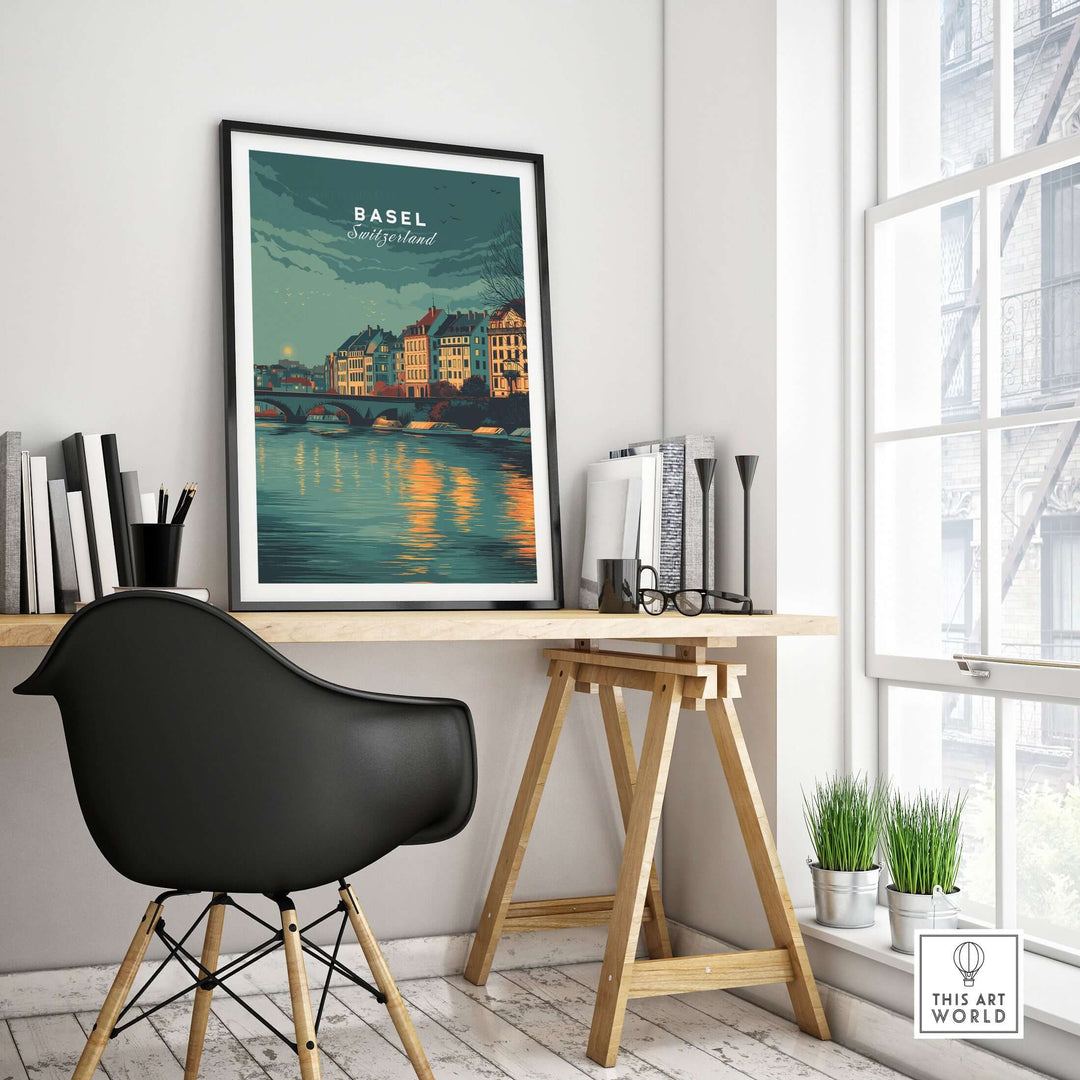 Basel Switzerland night sky riverside print displayed in a modern workspace, showcasing Swiss cityscape wall art.