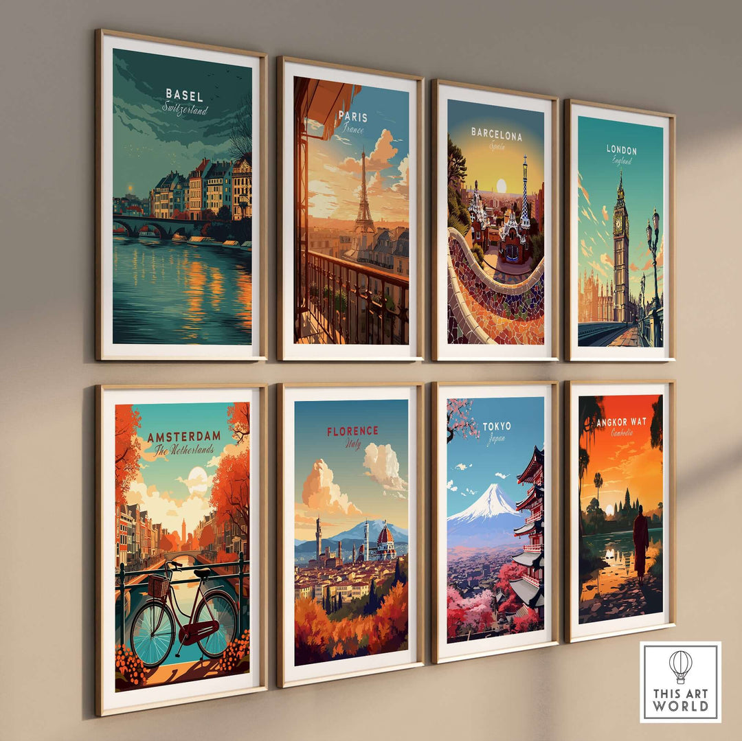 Framed cityscape prints featuring Basel, Paris, Barcelona, London, Amsterdam, Florence, Tokyo, and Angkor Wat.