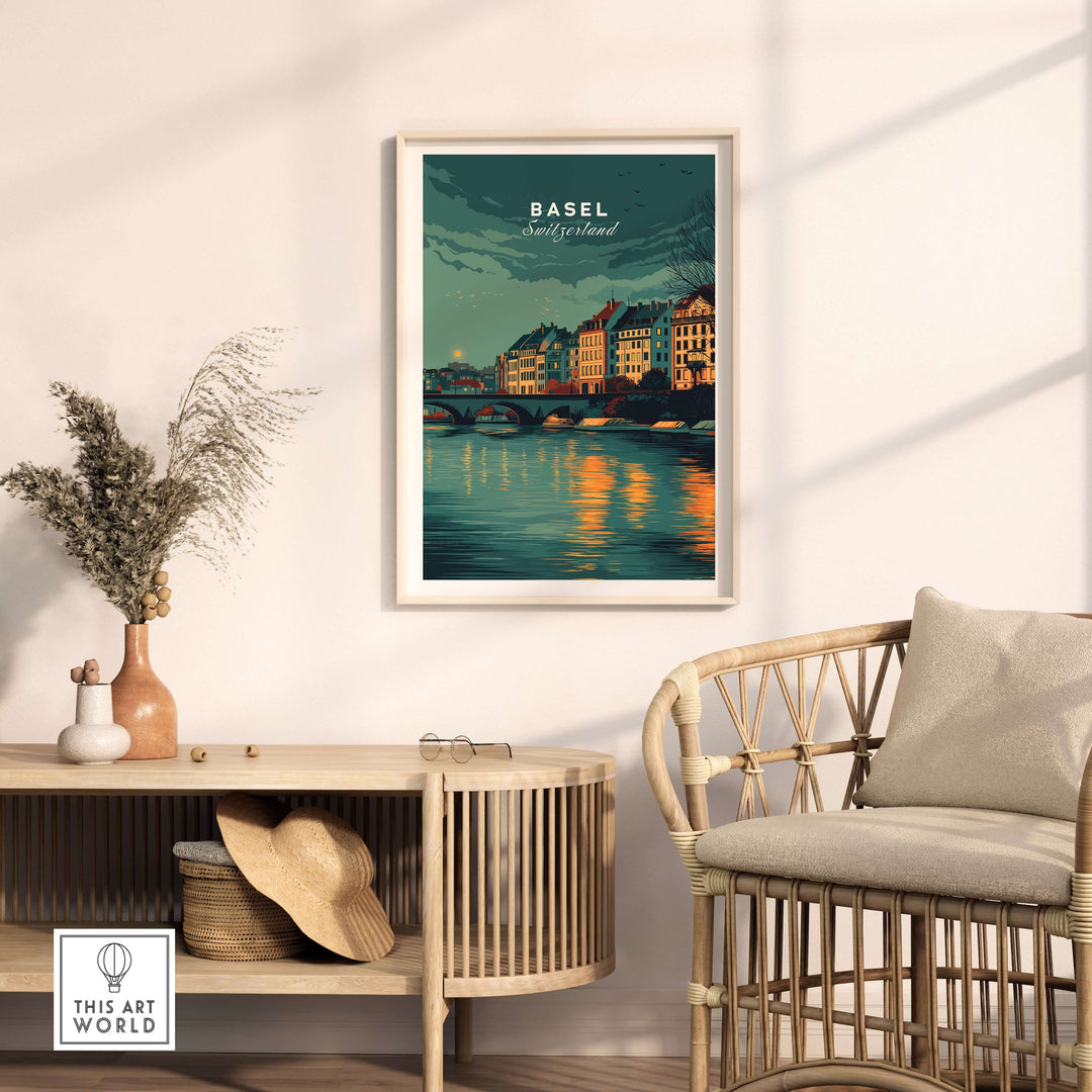 Basel Switzerland night sky riverside print showcasing the city skyline and reflections on water, elegant wall art.