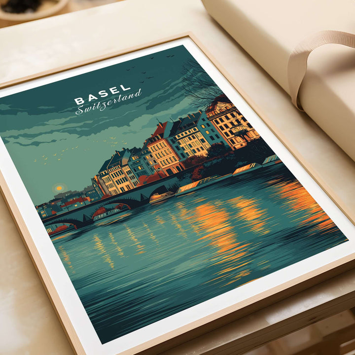 Basel Switzerland night sky riverside print showcasing city skyline with reflections on water.